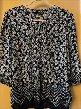 Women's Navy Floral Tie-Neck Blouse